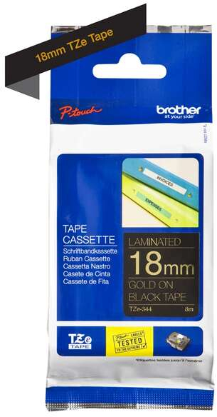 Imagen extra Brother TZe344 Cinta Laminada Original de Etiquetas Texto dorado sobre fondo negro Ancho 18mm x 8 metros