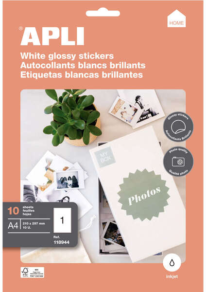 Imagen extra Apli Etiquetas Home Blancas Glossy 210 x 297mm 10 Hojas