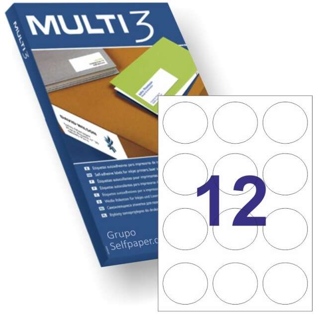 Caja 100 Hojas A4 con 12 Etiquetas redondas por Hoja. 1200 Etiquetas 60mm diametro