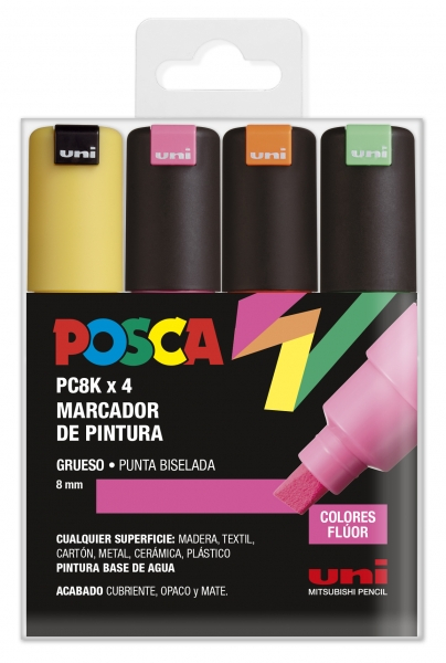 Estuche de 4 rotuladores Posca PC-8K Punta Biselada 8mm - Colores Surtidos