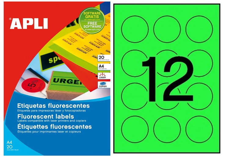 Apli Etiquetas Verde Fluorescente Permanentes diametro 60.0mm 20 Hojas