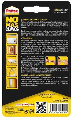 Imagen extra Cinta Doble Cara Pattex No mas clavos de 1.5 metros