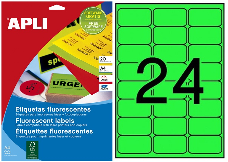 Apli Etiquetas Verde Fluorescente Permanentes 64.0 x 33.9mm 100 Hojas