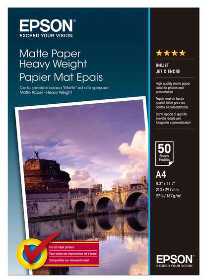 Epson C13S041256 Papel Fotografico A4 167gr - Acabado Mate - 50 Hojas - para Impresoras de Tinta