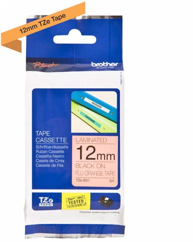 Imagen extra Brother TZeB31 Cinta Laminada Fluorescente Original de Etiquetas Texto negro sobre fondo naranja Ancho 12mm x 5 metros