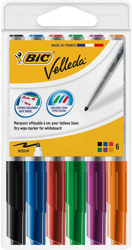 Bic Velleda 1741 Pack de 6 Rotuladores para Pizarra - Punta media con trazo de 1.4mm - Colores Surtidos