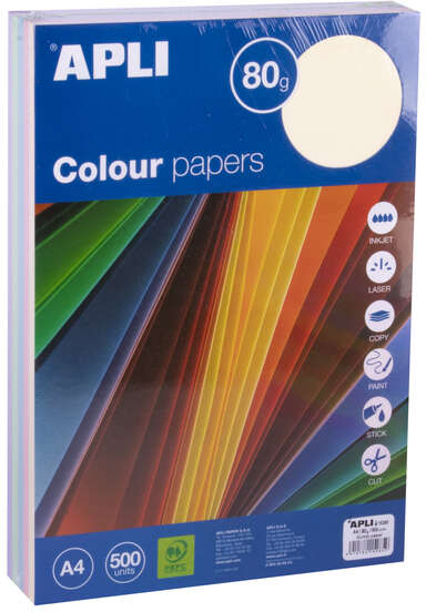 Papel A4 en 5 COLORES PASTEL. 500 hojas de 80gr