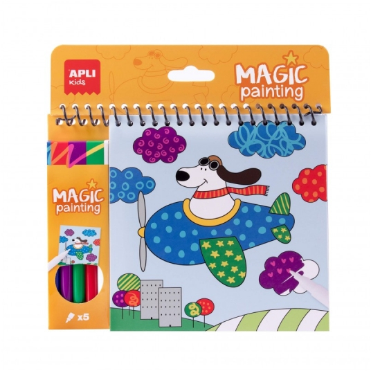 Apli Bloc de Espiral de Dibujos Coloreado Magico - 24 Paginas con 6 Diseños de Animales - Incluye 5 Rotuladores - Estimula Concentracion y Creatividad - Ideal para Viajes