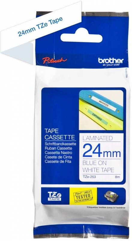 Imagen extra Brother TZe253 Cinta Laminada Original de Etiquetas Texto azul sobre fondo blanco Ancho 24mm x 8 metros