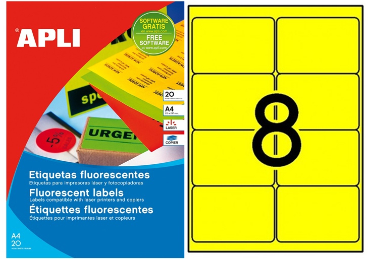 Apli Etiquetas Amarillo Fluorescente Permanentes 99.1 x 67.7mm 20 Hojas