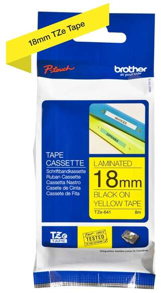 Imagen extra Brother TZe641 Cinta Laminada Original de Etiquetas Texto negro sobre fondo amarillo Ancho 18mm x 8 metros