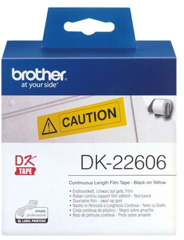 Brother DK22606 Etiquetas Originales de Ancho 62mm x 15,24 metros Texto negro sobre fondo amarillo