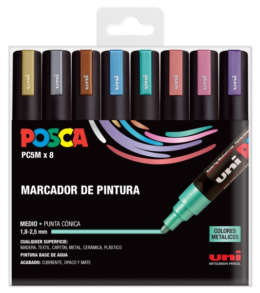 PACK 8 Rotuladores Posca PC-5M/8C COLORES METALICOS Punta de Bala 1.8-2.5mm