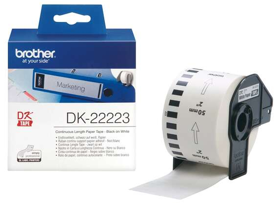 Brother DK22223 Etiquetas Originales de Ancho 50mm x 30,48 metros Texto negro sobre fondo blanco