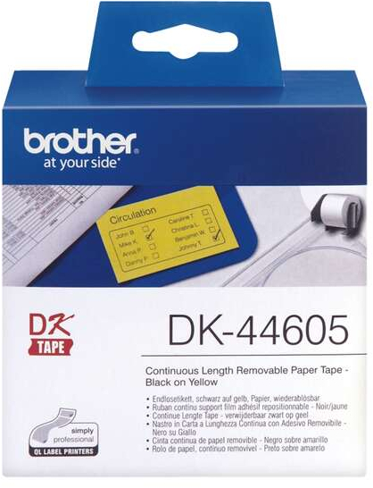 Brother DK44605 Etiquetas Removibles Originales de Ancho 62mm x 30,48 metros Texto negro sobre fondo amarillo