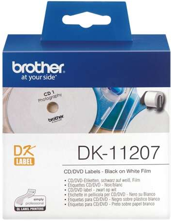 Brother DK11207 Etiquetas Originales Precortadas Circulares para CD DVD 58 mm de Diametro 100 Unidades Texto negro sobre fondo blanco