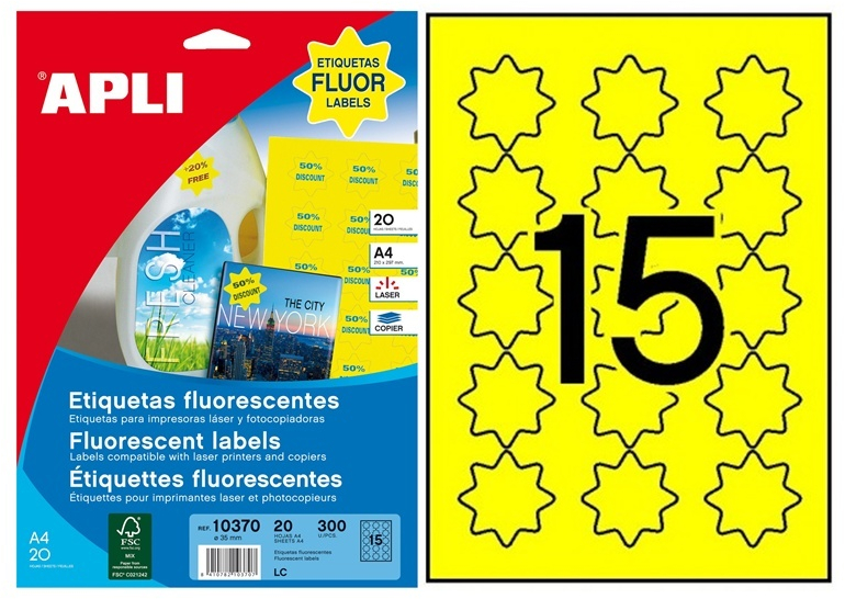 Apli Etiquetas Amarillo Fluorescente Permanentes Estrella diametro 35mm 20 Hojas
