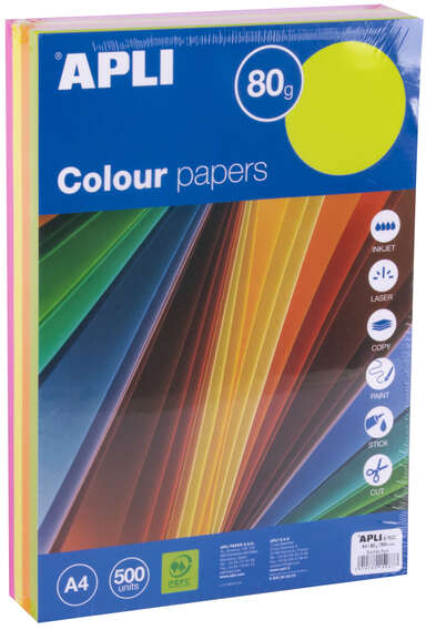 Papel en 5 COLORES FLUOR A4 500 hojas de 80gr