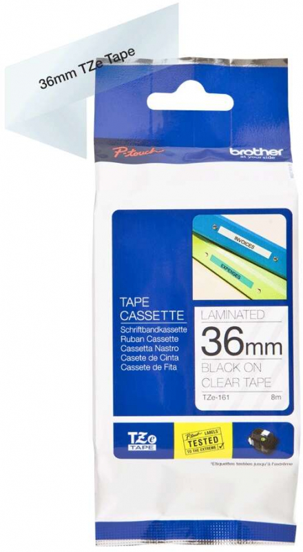 Imagen extra Brother TZe161 Cinta Laminada Original de Etiquetas Texto negro sobre fondo transparente Ancho 36mm x 8 metros