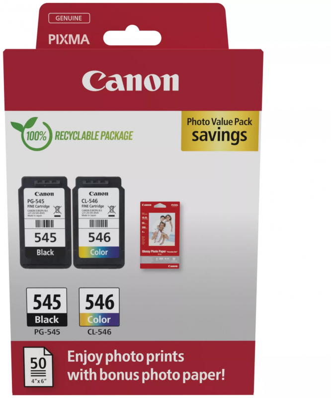 PACK Canon PG-545 Negro + CL-546 Color Original + 50 Hojas de papel Photo MG2550 MG2450 8287B008 8287B006 8287B005 PG545 CL546