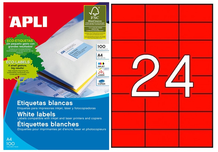 Apli Etiquetas Rojas Permanentes 70.0 x 37.0mm 100 Hojas