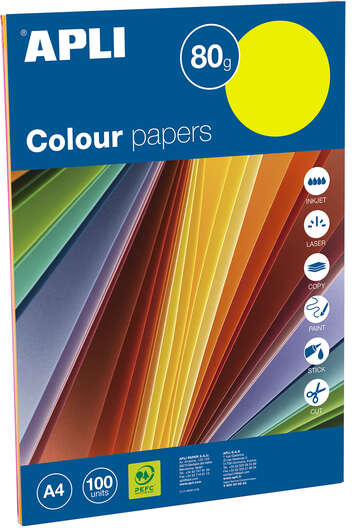 Papel en COLORES SURTIDOS Fluorescentes A4 100 hojas de 80gr.