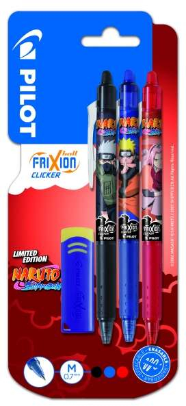 PACK 3 Boligrafos Pilot Frixion Clicker Naruto Shippuden + Borrador. (Colores: Azul, Rojo y Negro)