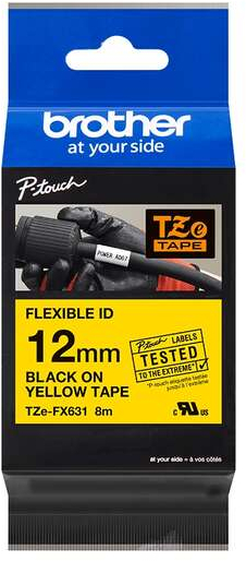 Brother TZeFX631 Cinta Laminada Flexible Original de Etiquetas Texto negro sobre fondo amarillo Ancho 12mm x 8 metros