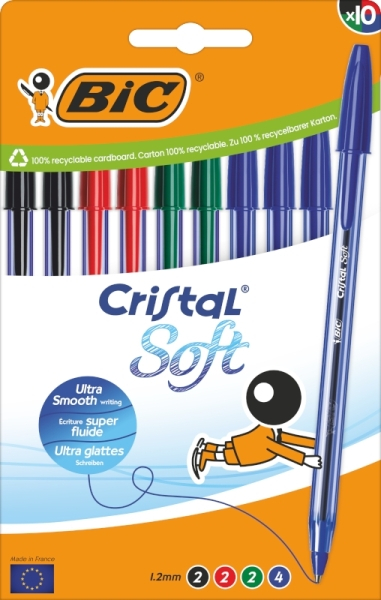 PACK 10 Boligrafos BIC Cristal SOFT (4 Azules, 2 Negros, 2 Rojos y 2 Verdes)