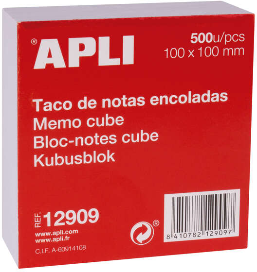 Imagen extra Taco Notas encolado Apli 100x100mm 500 Hojas BLANCAS