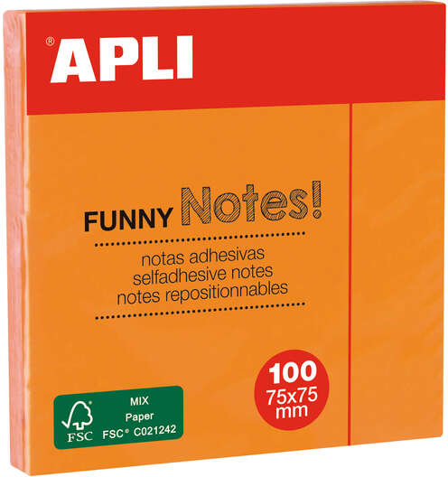 Apli Bloc de 100 Notas Adhesivas Funny 75x75mm - Adhesivo de Calidad - Color Naranja Fluorescente