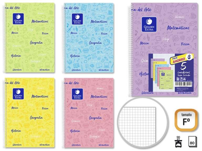 PACK 5 Cuadernos Folio 80 Hojas 90gr Cuadricula 4x4 Tapas Flexibles. Colores Pastel