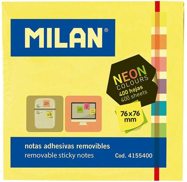 Imagen extra Milan Bloc de 400 Notas Adhesivas Neon - Removibles - 76mm x 76mm - Colores Surtidos