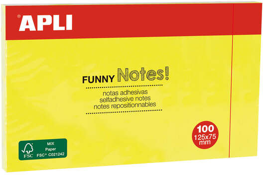 Apli Notas Adhesivas Funny 125x75mm - Bloc de 100 Hojas - Divertidos Diseños - Adhesivo de Calidad - Amarillo Fluorescente
