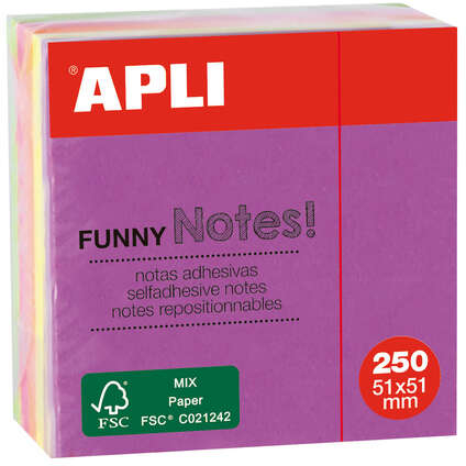 Apli Notas Adhesivas Funny 51x51mm Mini-Cubo 250 Hojas - 5 Colores Surtidos Fluorescentes - Divertidas y Practicas