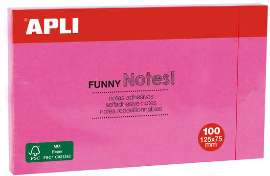 Apli Notas Adhesivas Funny 125x75mm - Bloc de 100 Hojas - Adhesivo de Calidad - Facil de Despegar - Rosa Fluorescente