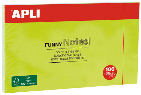 Apli Notas Adhesivas Funny 125x75mm - Bloc de 100 Hojas - Adhesivo de Calidad - Facil de Despegar - Color Verde Fluorescente