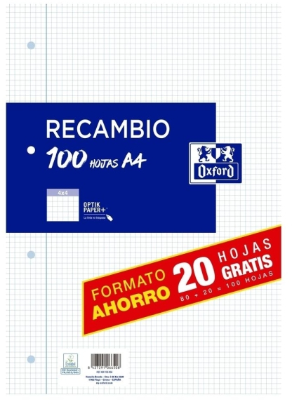 RECAMBIO A4 OXFORD 80+20H 4X4 90GR Con margen