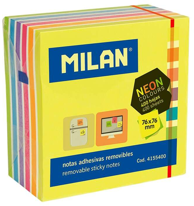 Milan Bloc de 400 Notas Adhesivas Neon - Removibles - 76mm x 76mm - Colores Surtidos