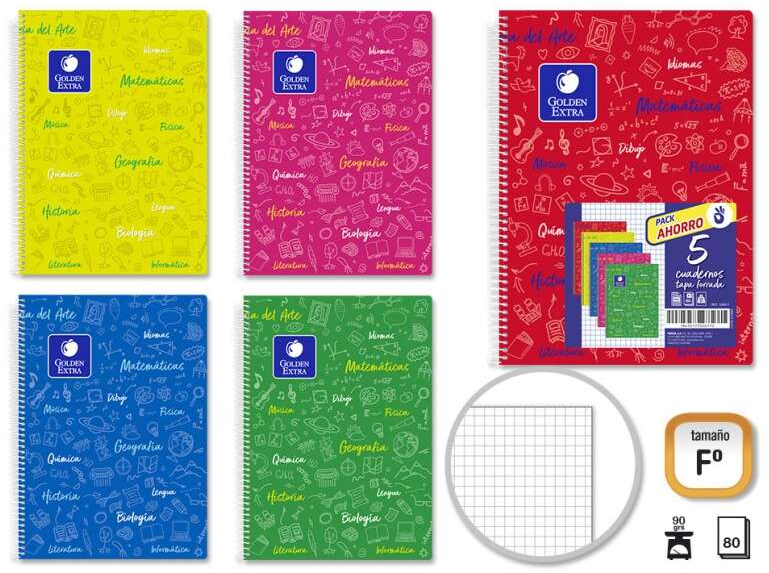 PACK 5 Cuadernos Folio 80 Hojas 90gr Cuadricula 4x4 Tapas flexibles. Colores variados