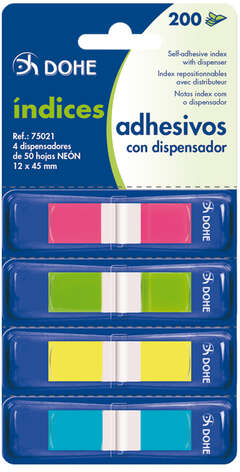 Dohe Pack de 4 Mini-Indices Adhesivos Reposicionables de 50uds cada Uno - Medidas 12x45mm - Dispensador con 4 Colores - Ideal para Oficina y Escuela - Colores Surtidos