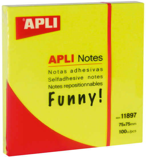 Apli Notas Adhesivas Funny 75x75mm - Bloc de 100 Hojas - Adhesivo de Calidad - Facil de Despegar - Color Amarillo Fluorescente