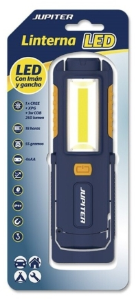 Jupiter Linterna de Trabajo LED+COB 250lm - Con Iman y Gancho - Resistencia IP44 - Funciona con 4 Pilas AA (No Incluidas) - Color Azul