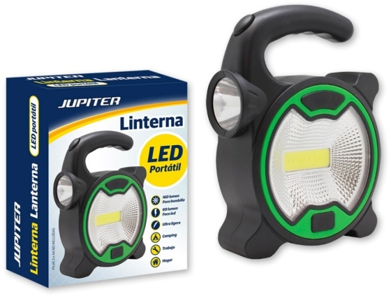 Jupiter Linterna COB+1 LED - Foco Bombilla 160lm, Foco LED 60lm - Funciona con 3 Pilas AA (No Incluidas) - Color Negro/Verde