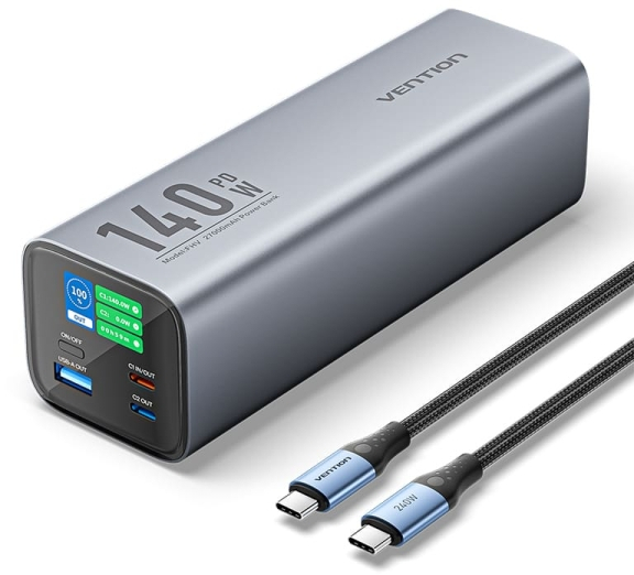 Vention Bateria Powerbank 27000mAh 140W USB (USB-C+C+A+A) - Pantalla LED - Color Gris