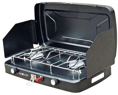 Muvip Cocina de Gas 2 Fuegos + Protectores Contra Viento - Protectores contra el Viento - Base Antideslizante - Color Negro