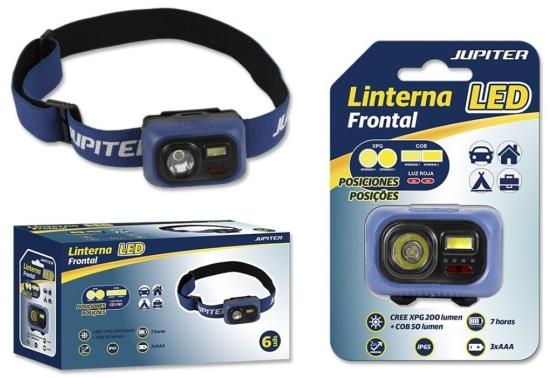 Jupiter Linterna Frontal LED 200lm + COB 50lm - Resistencia IP65 - Goma Ajustable para Cabeza - Funciona con 3 Pilas AAA (No Incluidas) - Color Azul