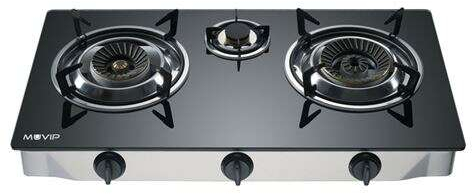 Muvip Cocina de Gas Inox 3 Fuegos - Cristal Templado - Encendido Piezoelectrico - Quemador de Hierro Fundido Desmontable