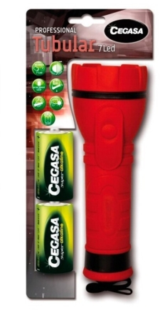 Cegasa Profesional Linterna de 7 LED - Cuerpo de Goma Antideslizante - Resistente a Golpes y Humedad - Funciona con 2 Pilas LR20 (Incluidas)