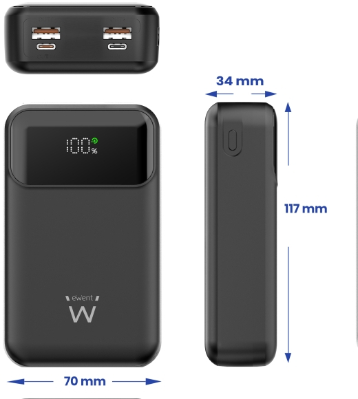Imagen extra Ewent EW1164 Powerbank 20000mAH 65W PD - USB-A, USB-C - Pantalla LED - Color Negro
